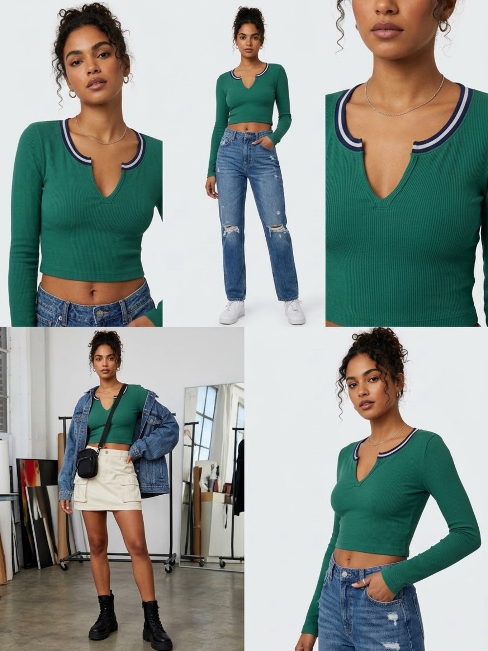 Urban Outfitters Green Ribbed Long-Sleeve Crop Top with Navy & White Trim